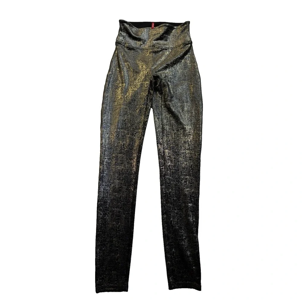 Spanx Women's Small‎ Sexy Velvet Shine Black Gold Metallic Compression Leggings